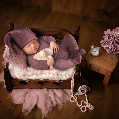 

Baby Footed Photo Shoot Sleeper Romper Pajamas Sleepy Hat Knit Sleeved Girl Outfit Newborn Photography Props Overalls