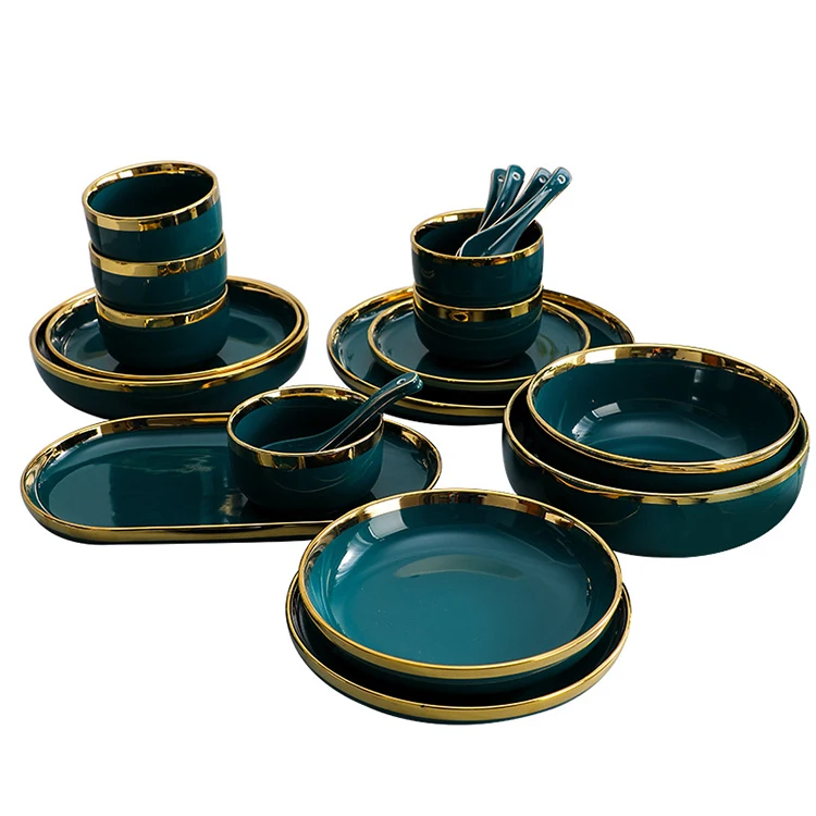 

Nordic Gold Rim Dark Green China Tableware Porcelain Ceramic Dinner Plates and Bowls Set Ceramic Dinnerware Set
