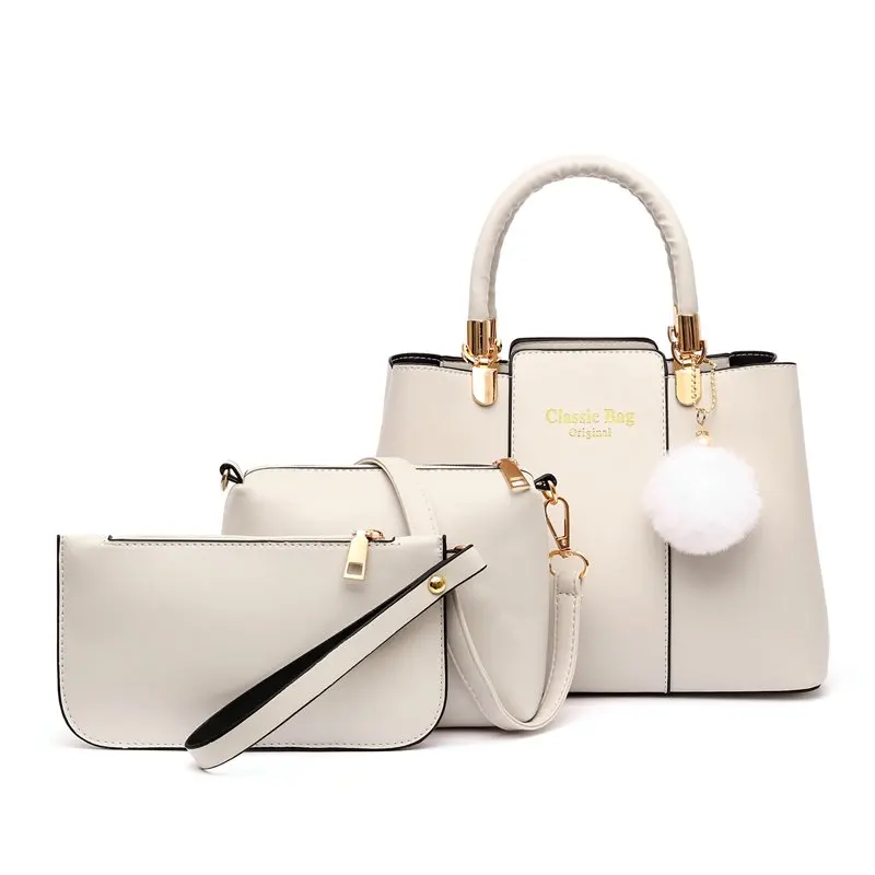

New design ladies 3-piece set Hairy ball pendant tote handbag leather handbags for women, Purple/black/red/brown/gray