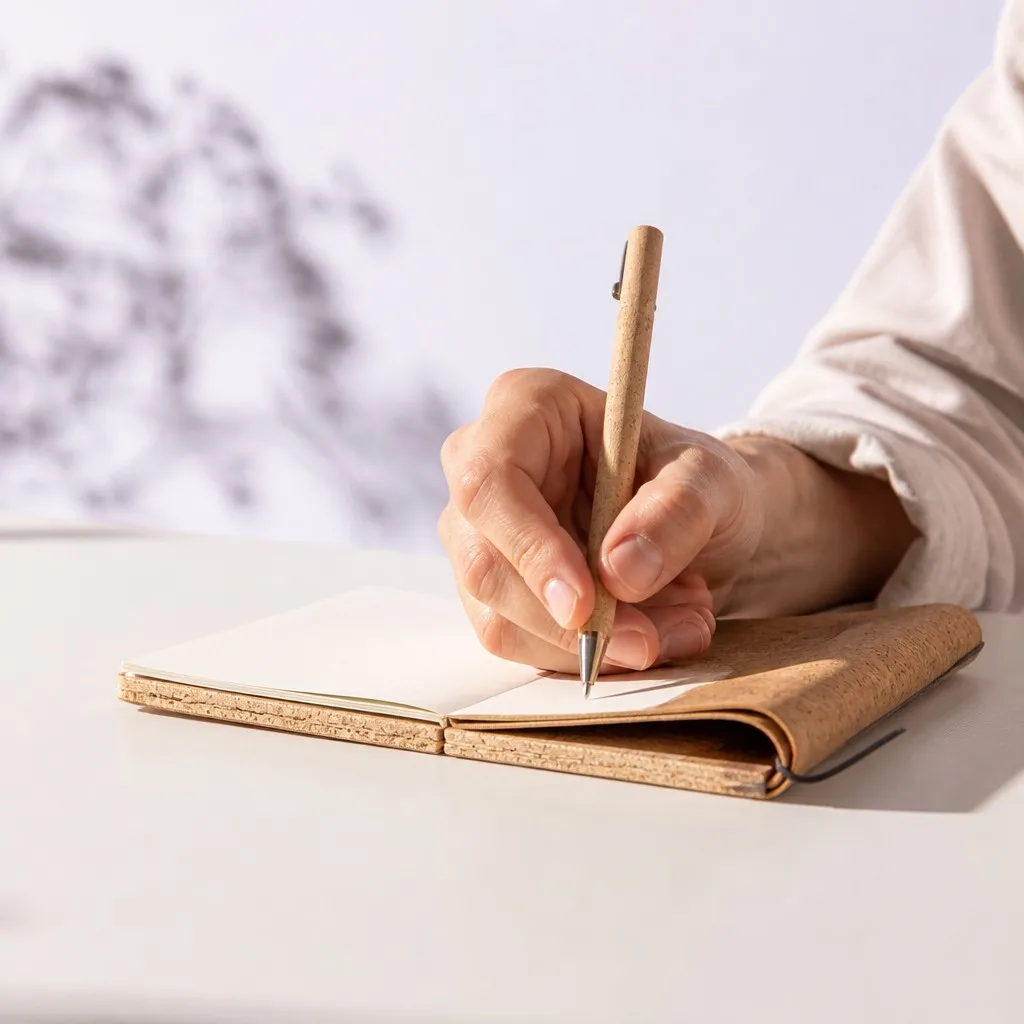 Hand writing with wooden pen in cork notebook