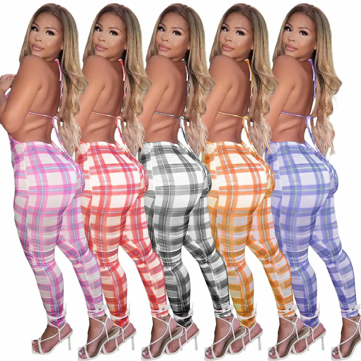 

Wholesale Plaid Backless Stacked Pant Halter Ladies One Piece Jumpsuits And Rompers Women's Backless Bodysuits