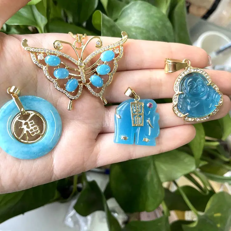 

Jialin INS 18k gold tricolor natural large blue buddha peace buckle donuts blue jade butterfly necklace