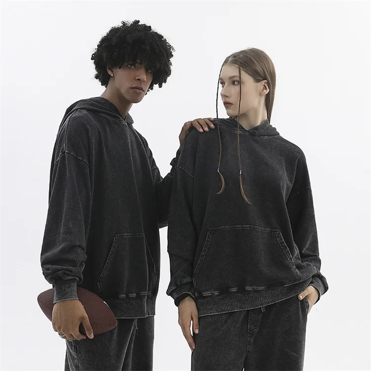 350gsm Cotton Acid Wash Hoodie Anti-shrink Oversized Vintage Heavyweight Pull Over Hooded Sweatshirt Men's Pullover Streetwear