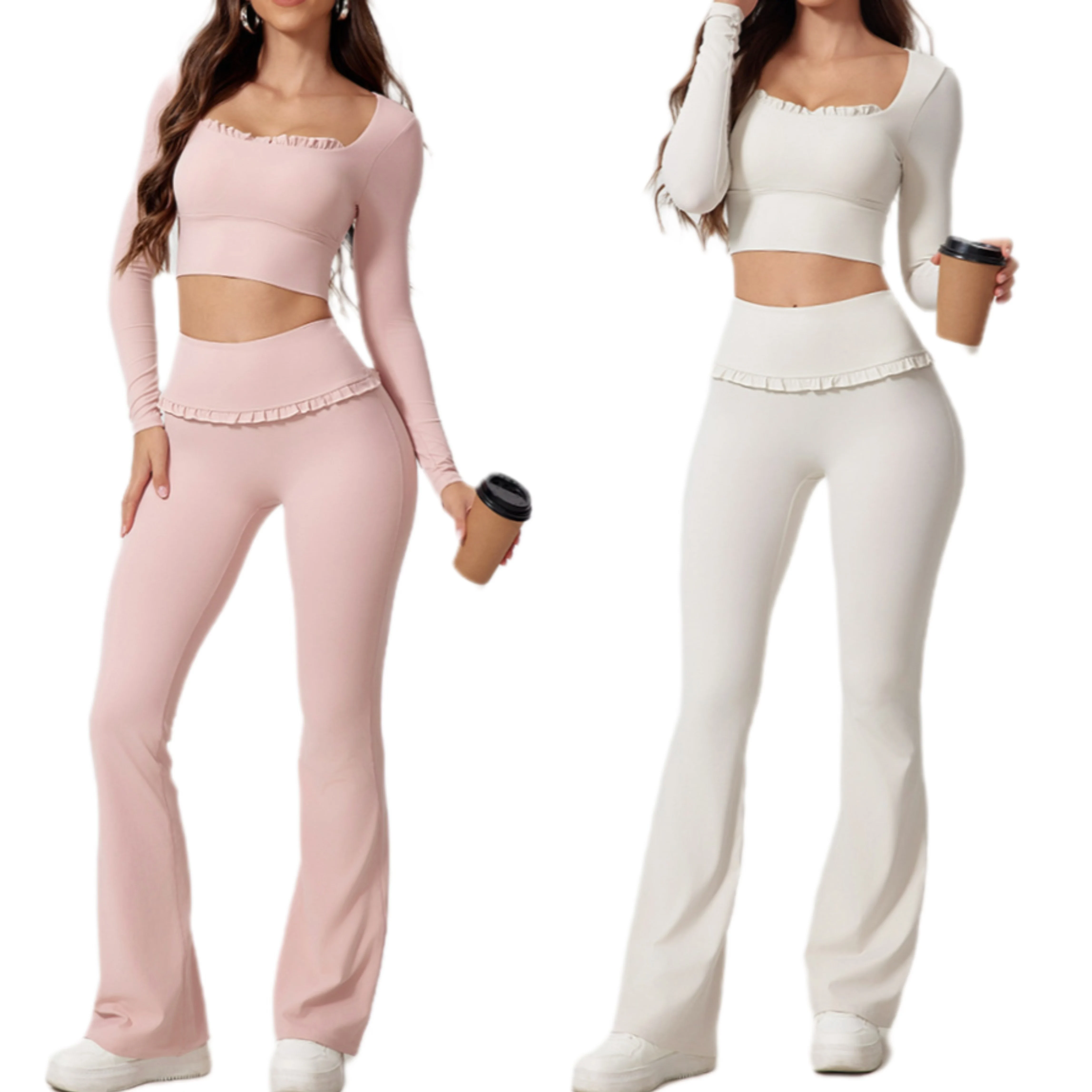Women Nylon Skin-Friendly Knit Top and Micro Flared Pants Long Sleeve Athletic Yoga Fitness Gym Wear Convenient Two-Piece Set