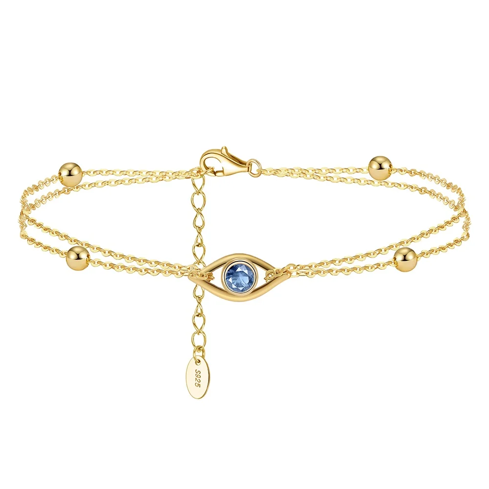 RINNTIN APB04 2024 New Arrival S925 Sterling Silver Blue Zirconia Evil Eyes Link Chain Bracelet Adjustable Chain Bracelet