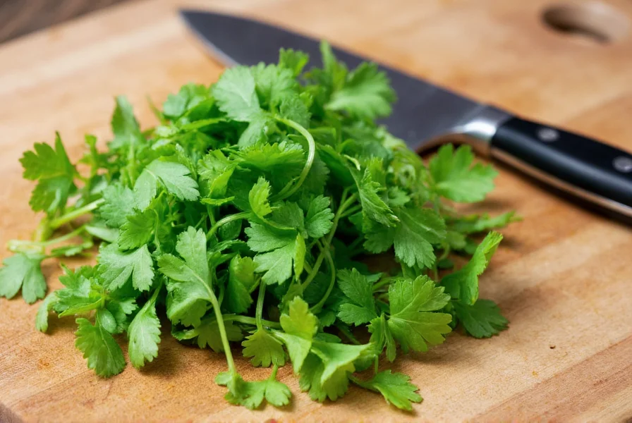Fresh coriander leaves on wooden cutting board with chopping knife