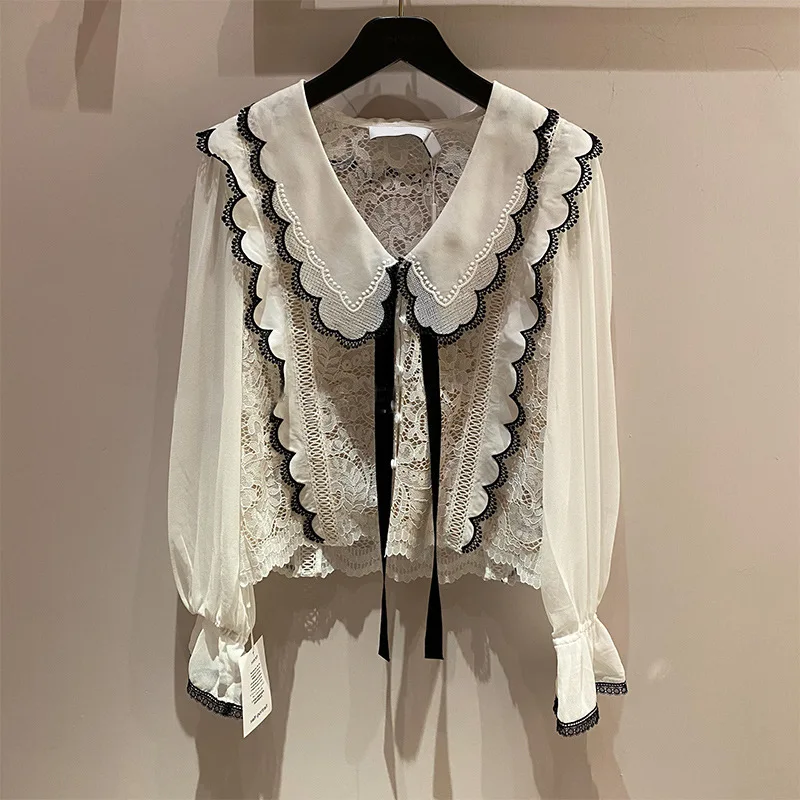 

China good quality new bow lace v-neck long sleeve women's blouse, White
