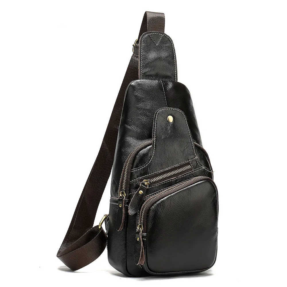 

Men's chest bag messenger shoulder bags with USB travelling handbags genuine leather sling bags for men