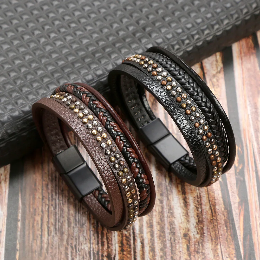 

Punk Style Black Magnetic Buckle Multilayer Leather Bracelet For Men Leather Woven Braided Bangle Rivet Bracelet
