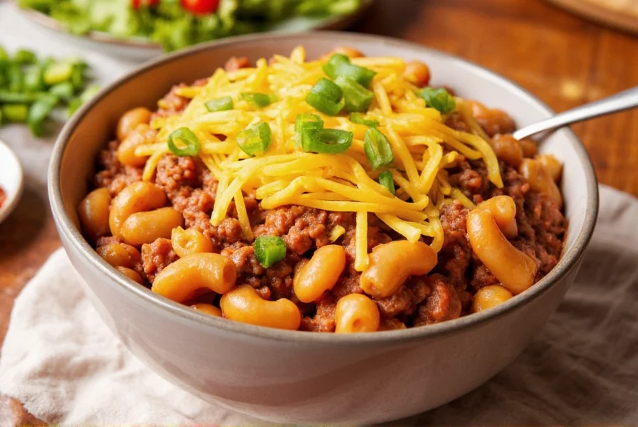Chili macaroni hamburger helper served in bowl with cheddar cheese topping, green onions, and side salad