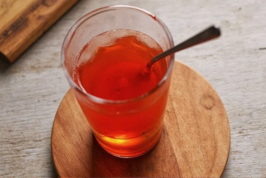 Close-up of cayenne pepper shot ingredients: glass of red-tinted liquid with lemon wedge and cayenne pepper shaker on wooden table