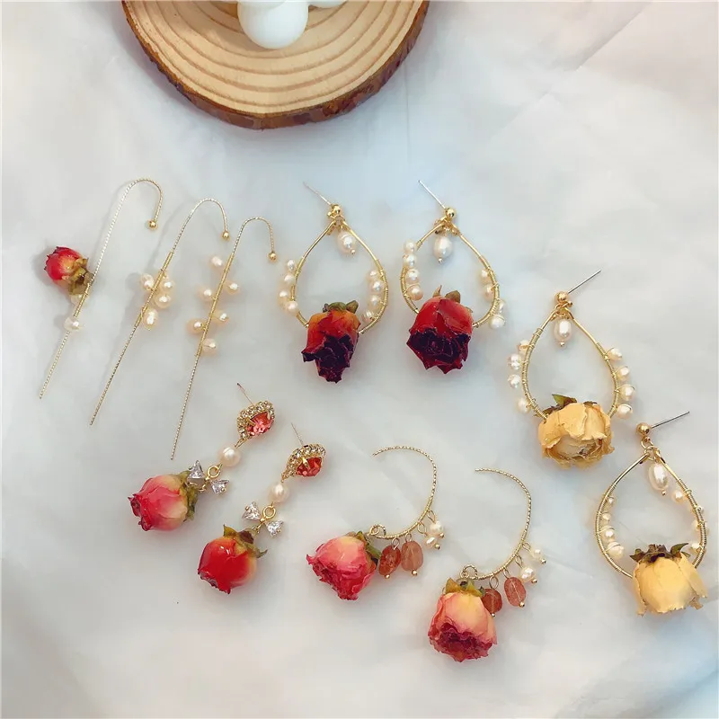 

2021 original creative jewelry handmade dried pearl real rose flower earrings long retro pearl earring
