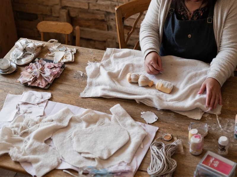 Crafter's workspace with various handmade items in progress