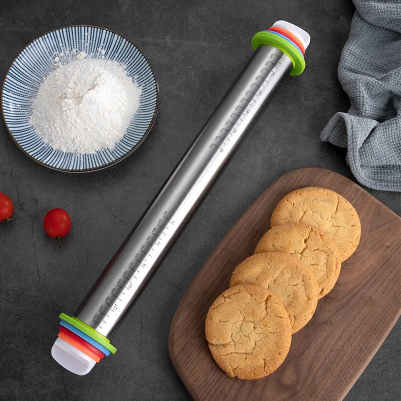 

17inch Non-Stick Stainless Steel Rolling Pin Dough Mat Dough Roller Adjustable Flour Roller Pizza Pastry Pie Cookie Baking Tool, Silver