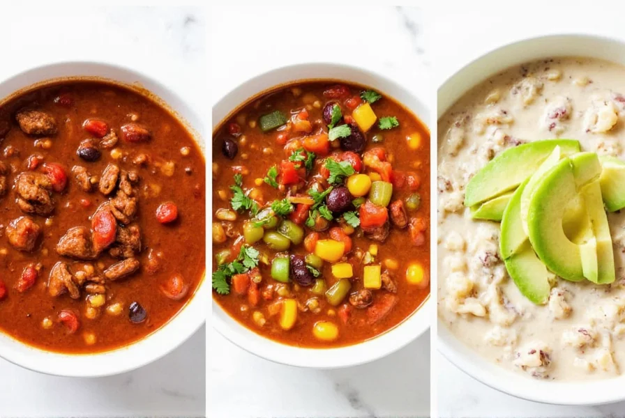 Three different chili soup variations in bowls: traditional beef chili, vegetarian chili with colorful vegetables, and white chicken chili with avocado garnish