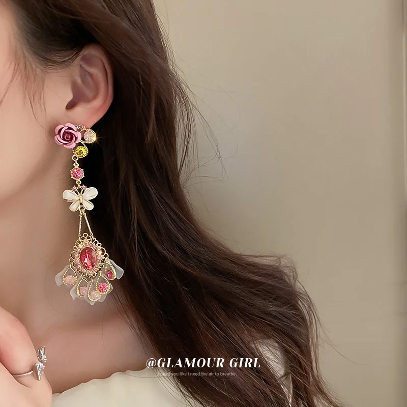 

fashion quality pink crystal flower drop earrings