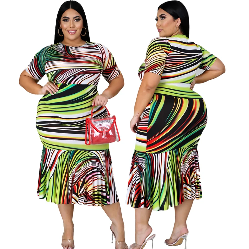 

2021 Wholesale Custom Casual Summer Women Plus Size Dress Plus Size Striped Crew Neck Short Sleeve Midi Dress