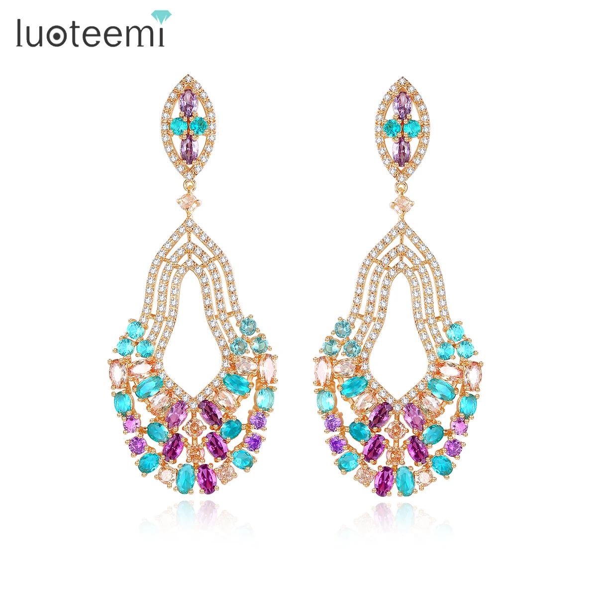 

LUOTEEMI Luxury Fashion Jewelry Gold Plated Women Micro Paved Multi AAA Cubic Zirconia Drop Earrings