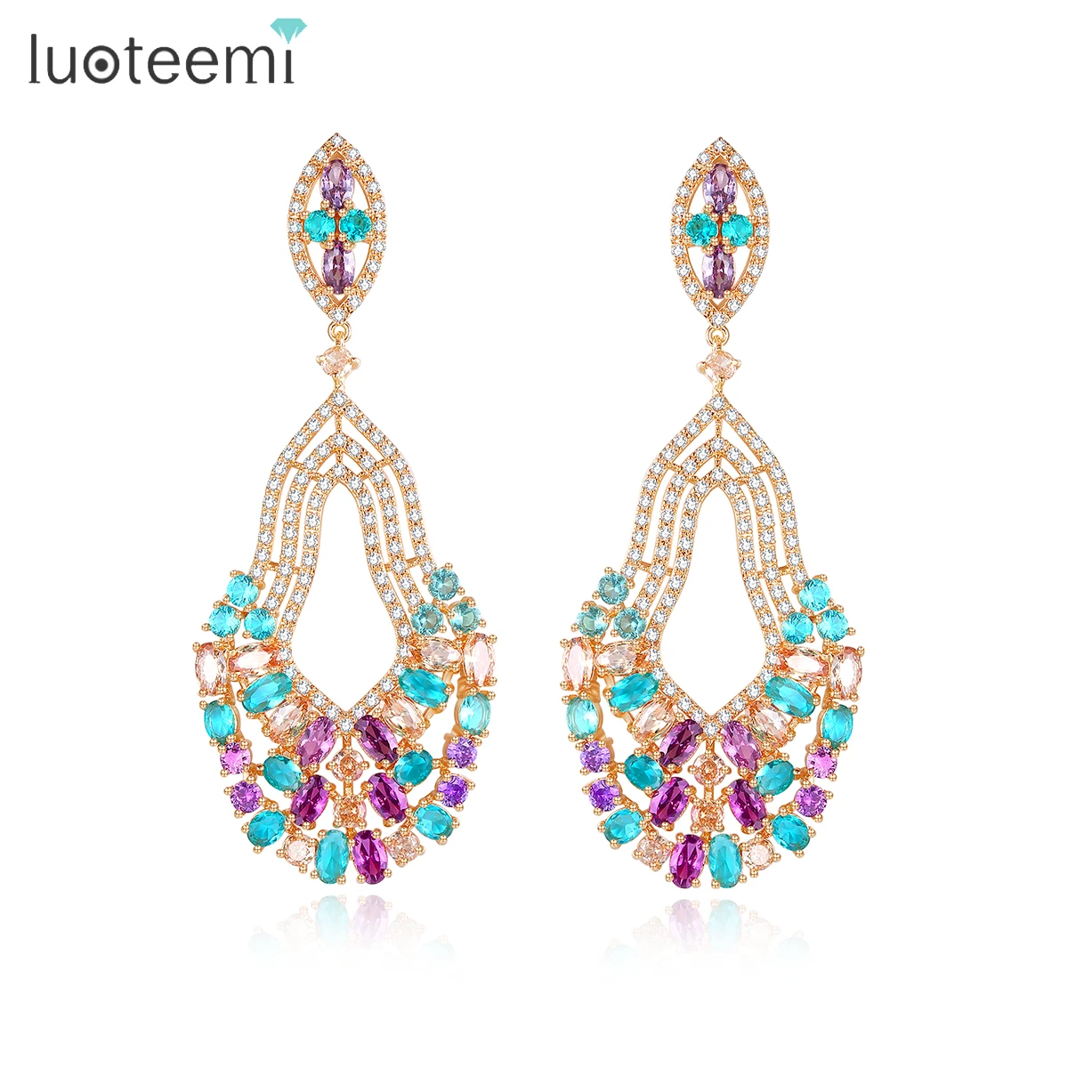 LUOTEEMI Luxury Fashion Jewelry Gold Plated Women Micro Paved Multi AAA Cubic Zirconia Drop Earrings