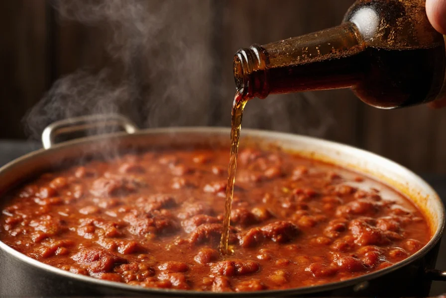 Dark beer being poured into a pot of simmering chili with visible steam and rich color