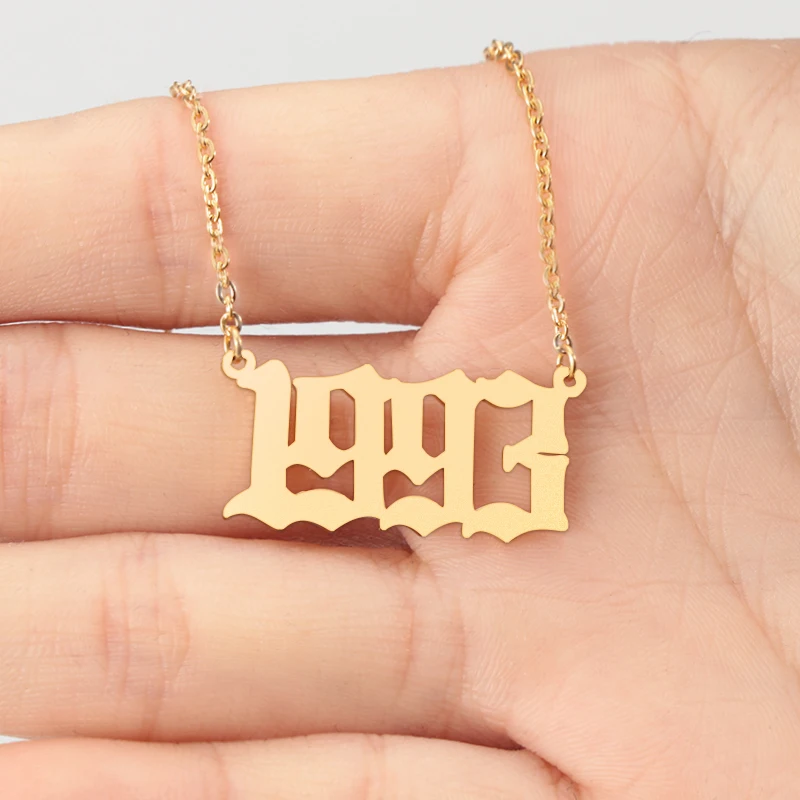 

18k Gold 316L Stainless Steel Birth Year Necklace Personalized Old English Arabic Year Number Pendant Necklace, Gold silver