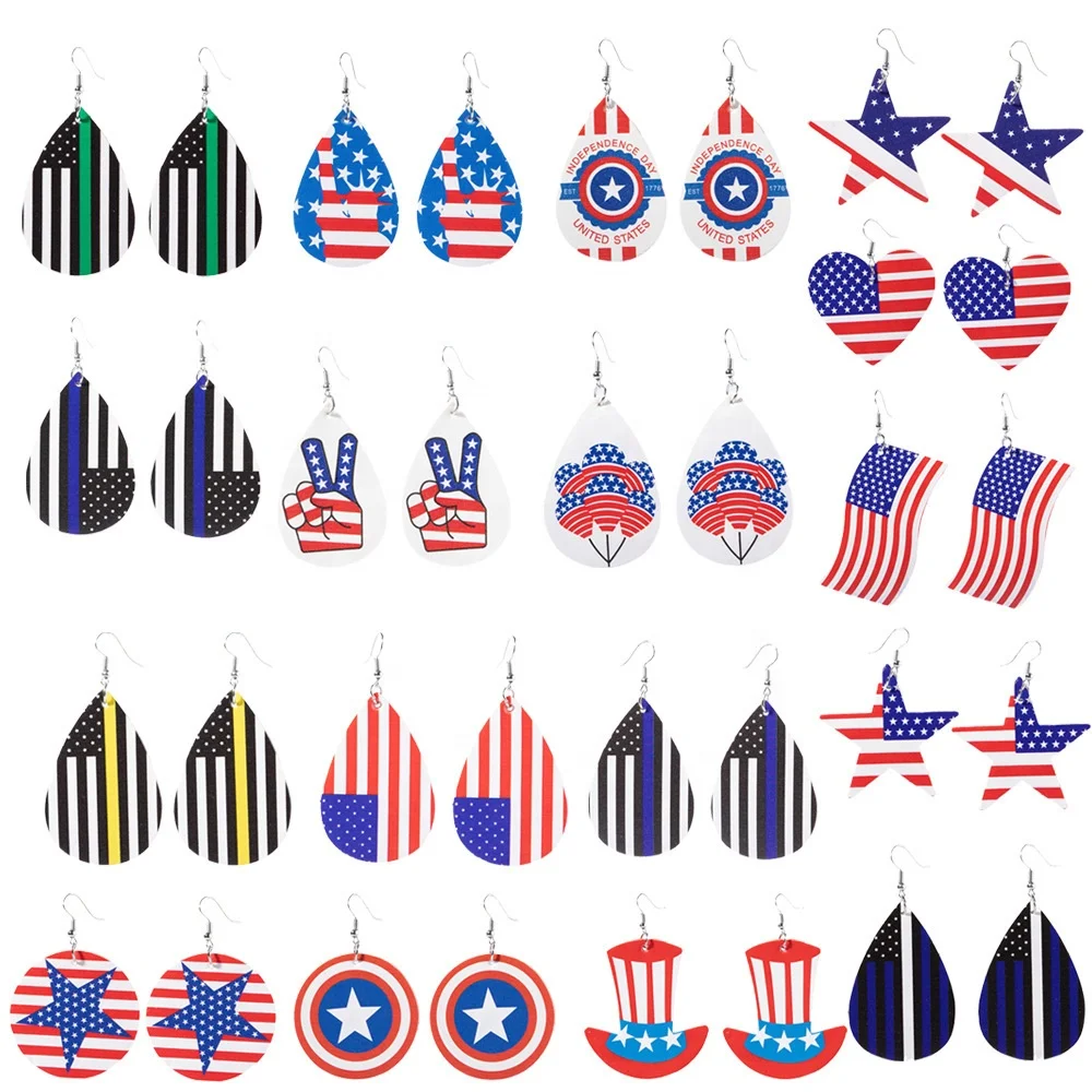 

2021 Wholesale Dangle Layered Leather Earrings Wonderful Holiday Women Earrings Patriotic 4th of July Earrings