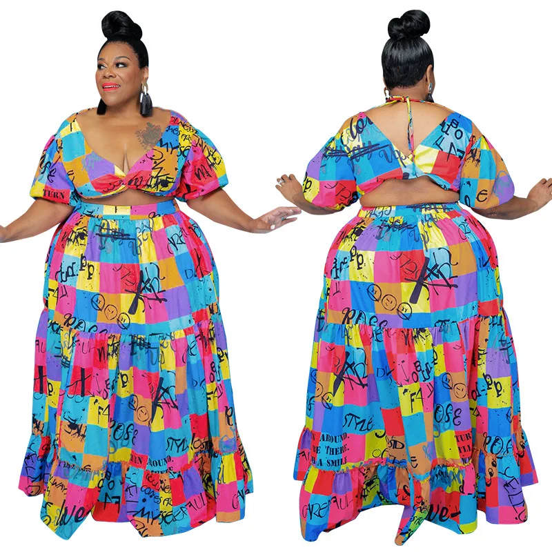 

PSS2107 Best Selling Monsoon Plus Size Printed Top and Midi Skirt 2 Piece Set Women Outfits, As show