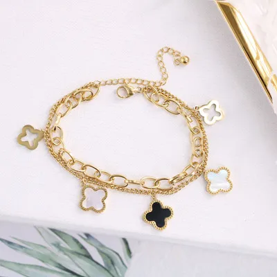 

Fashion Korean Luxury Branded Designer Bracelet Four Leaf Clover Double Layers Stainless Steel Bracelets Gold Plated for Women