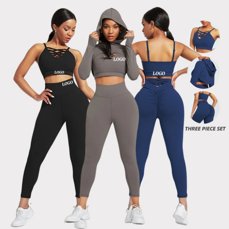 

Dropshipping Custom Long Sleeve Hoodies Fitness Crop Top 3 Piece Scrunch Butt Yoga Set For Women