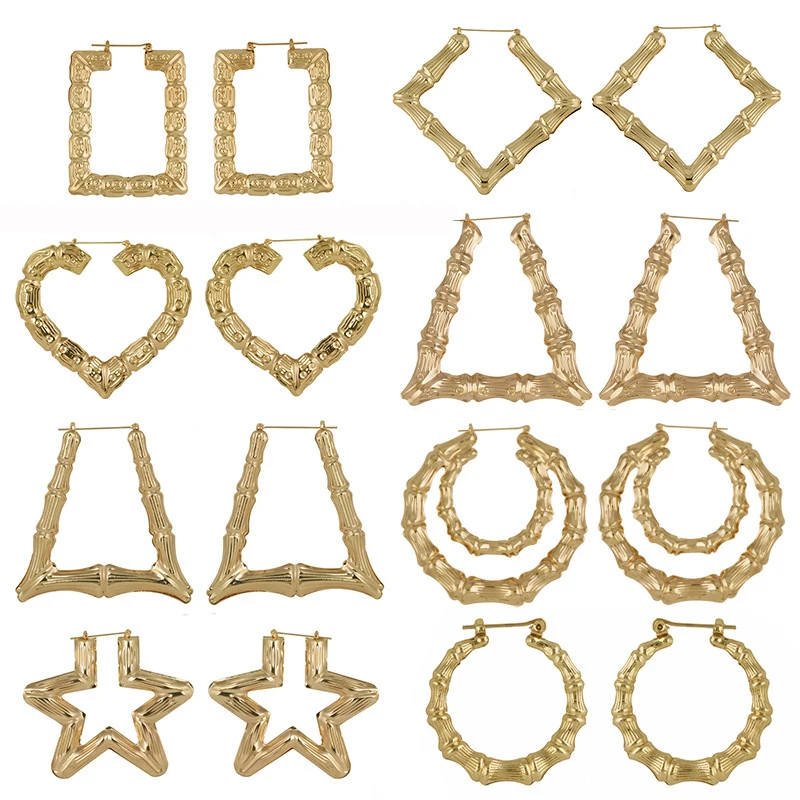 Hiphop Irregular Geometric Custom Name Earrings Large Gold Plated Big Square Round Bamboo Hoop Earrings