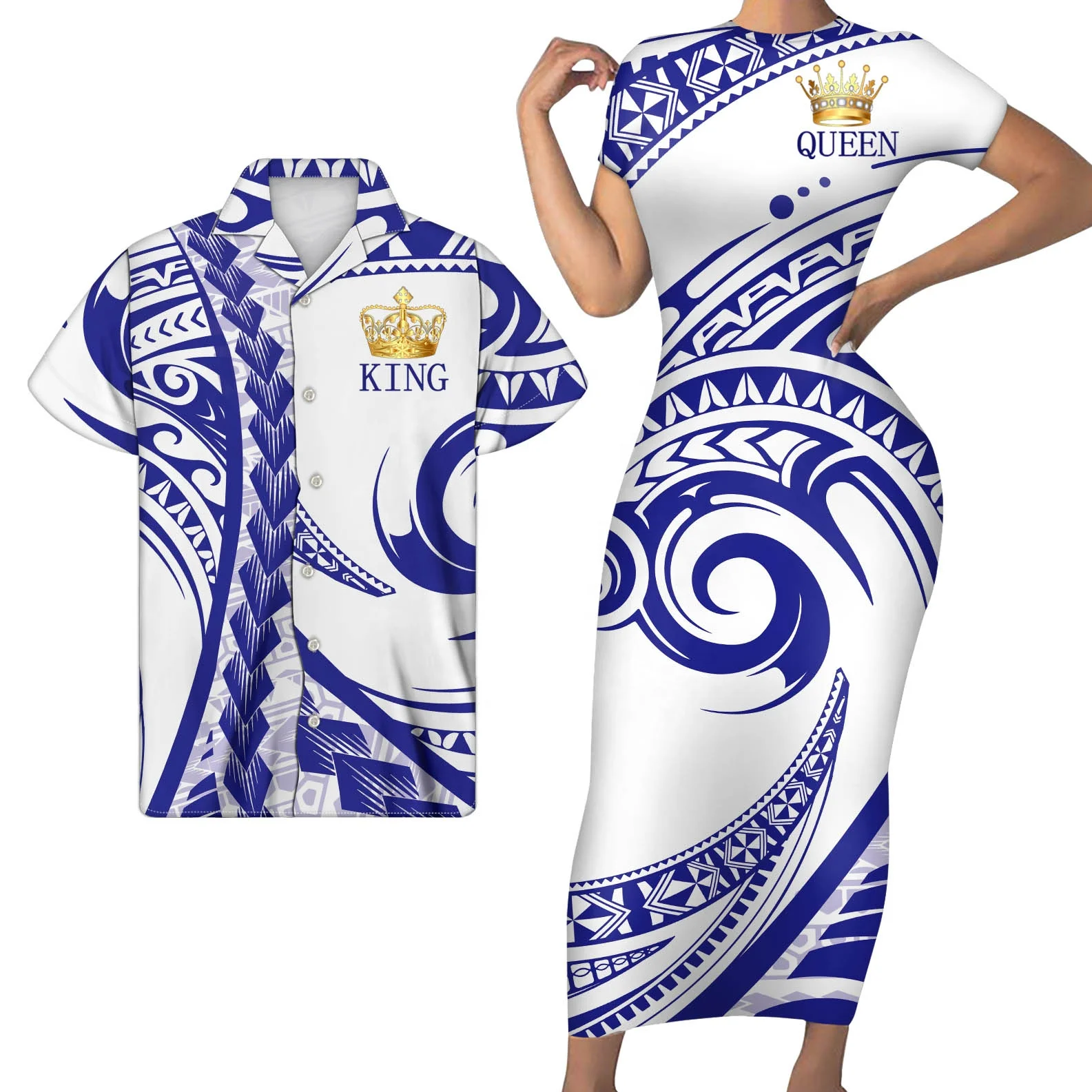 

New Arrival couple outfit sets For valentine's day Polynesian Print Women prom dresses Shorts Sleeve Match Men Shirts Plus Size, Customized color