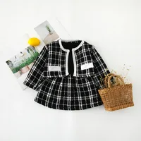 

2019 Baby Girls Square Suit Stitching Long Sleeve Dress Two Pieces
