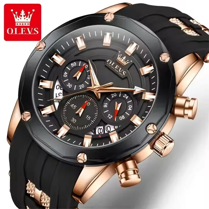 OLEVS 9991 Fashion Sport Quartz Watch for Men 45mm Big Dial Chronograph Clock Black Silicone Strap Waterproof Man Watches