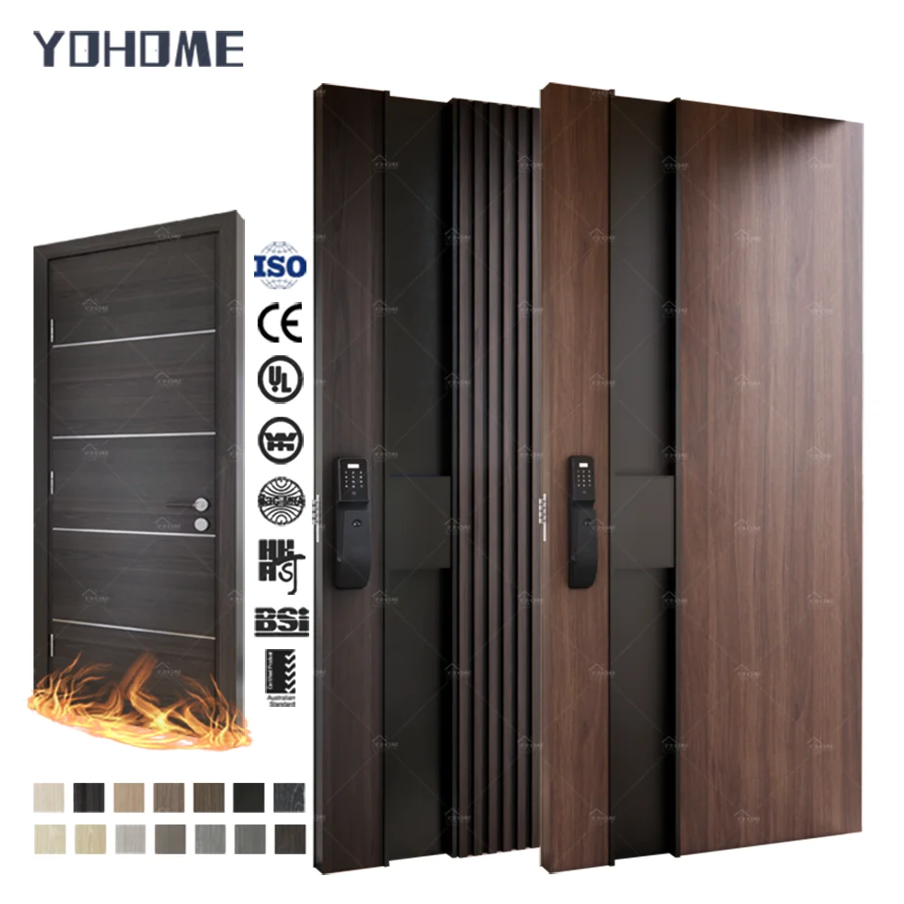 Yohome Hot Selling Custom Wood Door House Exterior Modern Mahogany Wood Entry Solid Front Door with Solid Iron Plate Handle