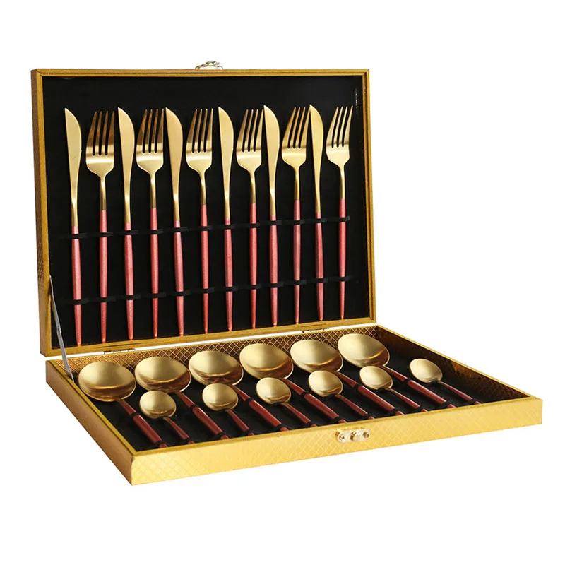 

Wholesale 24pcs stainless steel cutlery set Luxury Vintage Household Flatware Set Wooden Box Package Matte Brushed Gold cutlery, As picture