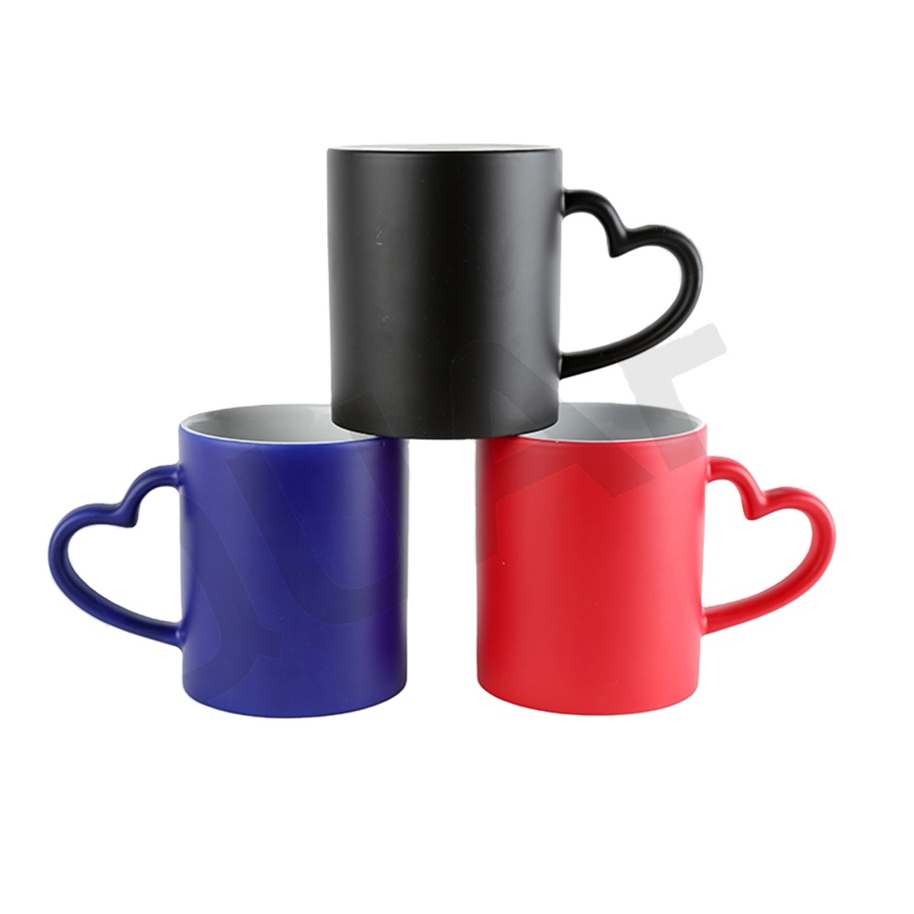 

Heart handle sublimation ceramic magic mug/cup 11 oz, Red/black/dark blue