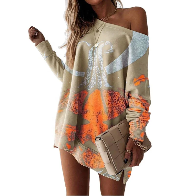 

Hot selling new design fashionable woman dress casual printed v-neck long sleeve dress, Picture color