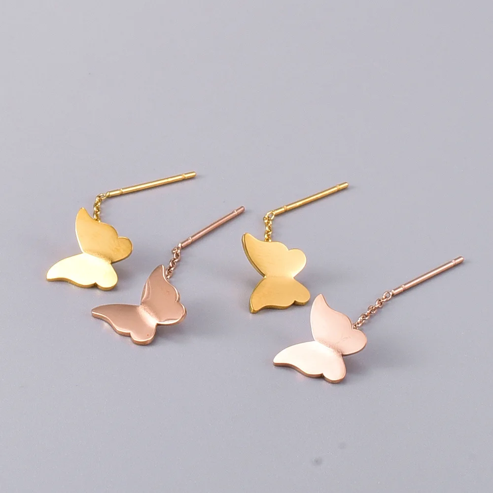 

Sweet Girl Stainless Steel Chain Link Butterfly Pendant Earring Most Popular Minimalist Simple Butterfly Drop Stud Earring