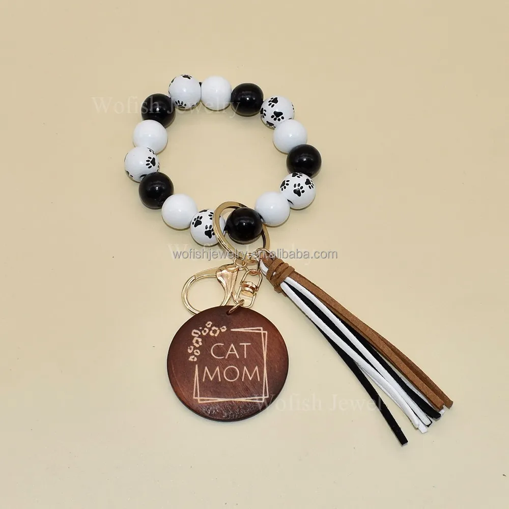 

Wofish animal paw print Wooden Beads CAT DOG mom wood disc wristlet bracelet with tassel