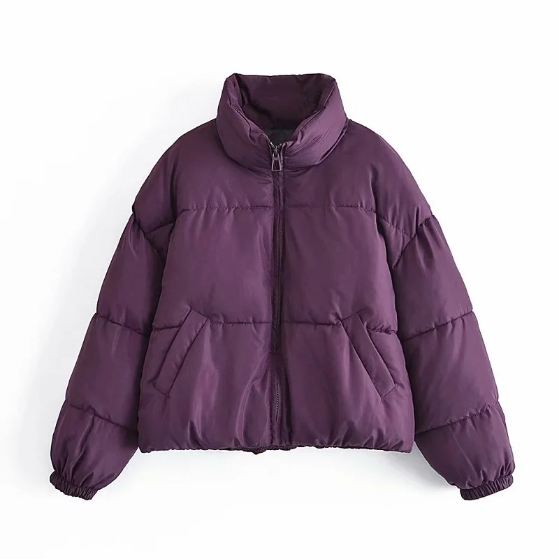 

Winter New Fashion Solid Color Quilted Long Sleeve High Collar Womens Coats Loose Fit Purple Coats For Ladies