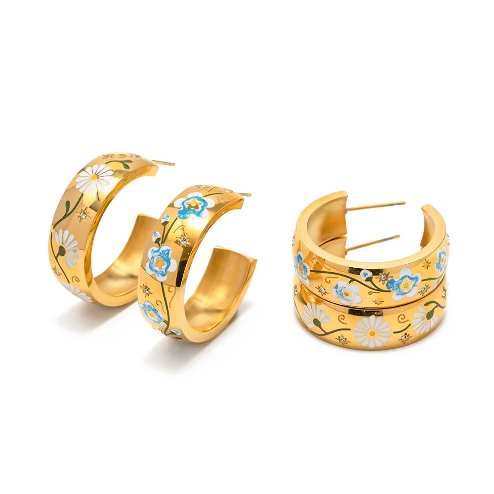 

2023 Spring Enameled Daisy Flower Ins Cubic Zircon PVD 18K Gold Plated Stainless Steel Hoop Earring