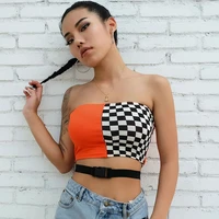 

KEYIDI OEM Patchwork Checkerboard Checkered Crop Tops Women Streetwear Bandeau Tube Top