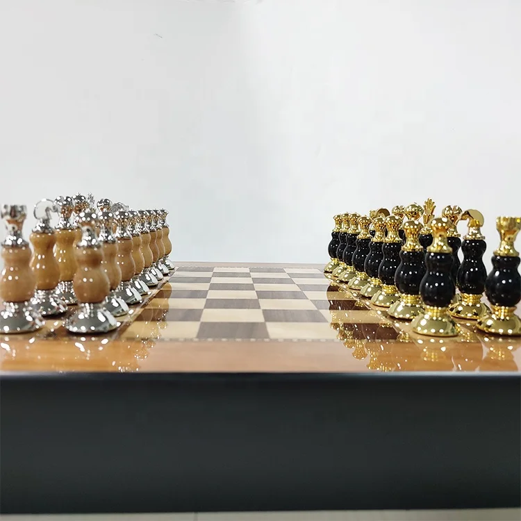 

Luxury Metallic gold and imitate wood-chess pieces high-quality professional chess metal game set