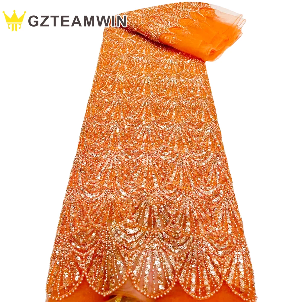 

Luxury Lace Fabrics Nigerian African Wholesale Orange Sequin Embroidery Beads Lace Mesh Fabric Wedding For Dress