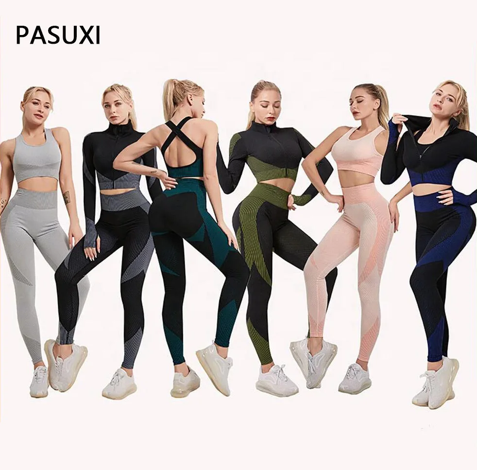 

PASUXI 3pcs Seamless Yoga Set Activewear Sets For Women Gym Clothes Crop Top Yoga Suit Seamless Tracksuits with Zipper, As picture