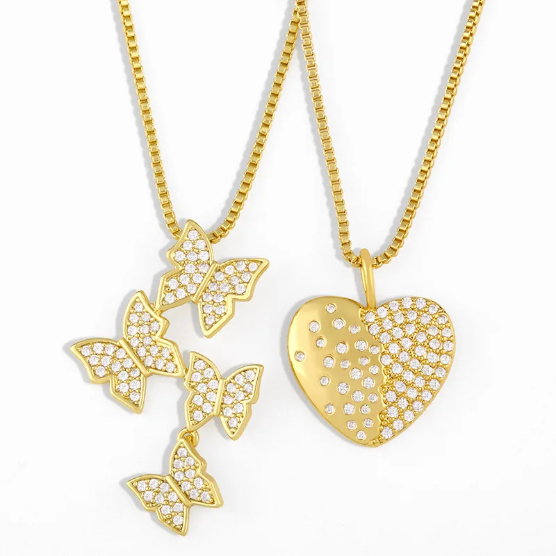

NZ1151 Chic 18k gold plated zircon cz paved butterfly love heart pendant necklace for women,Valentine's Day Gift for Her