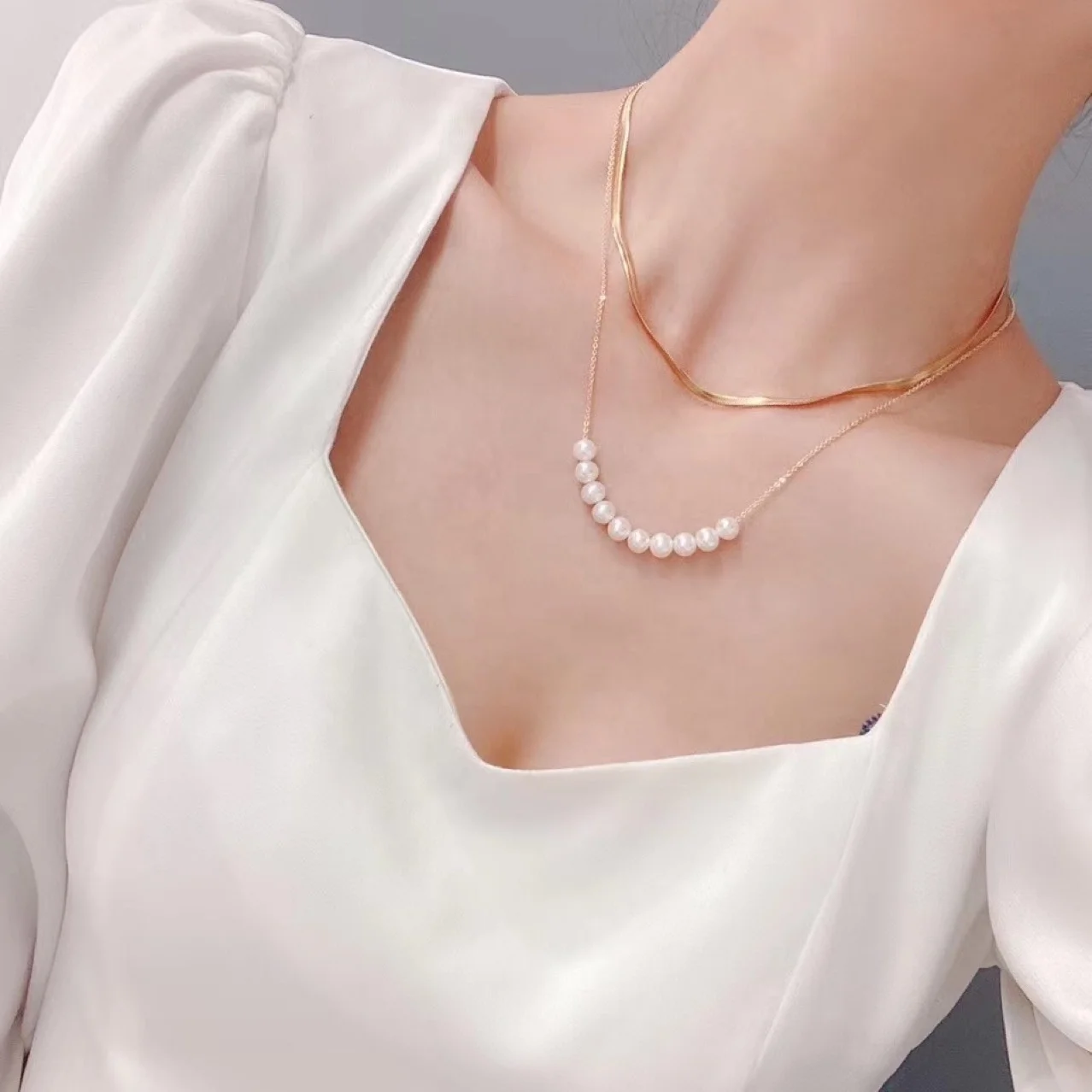 

Wholesale gold baroque real freshwater pearl layered snake chain necklaces jewelry