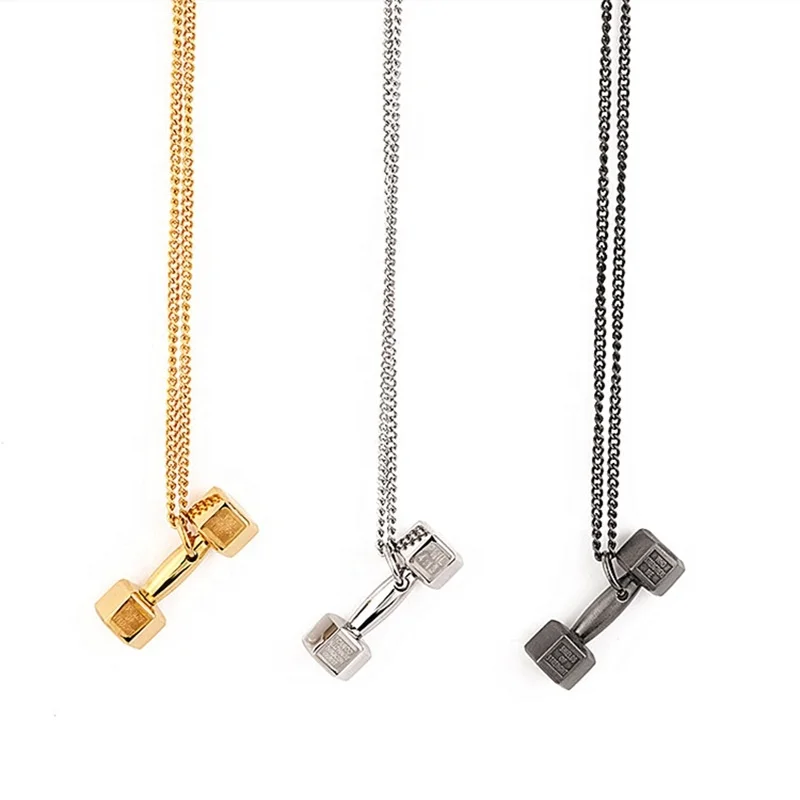 

High End Titanium Steel Link Chain Fitness Dumbbell Pendant Necklace Gold Plated Iced Out Long Necklaces Hip Hop Jewelry
