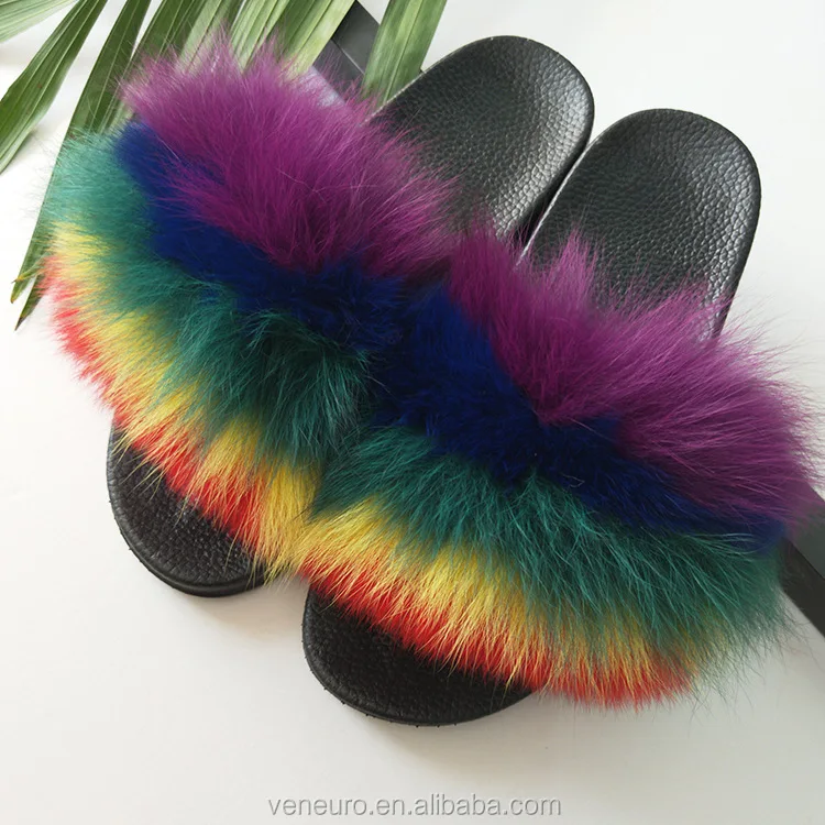 

2020 Fashion Women Plush Natural Real Fur Slippers Furry Sandals Custom Big Fur Women Fox Fur Slides, Customized color