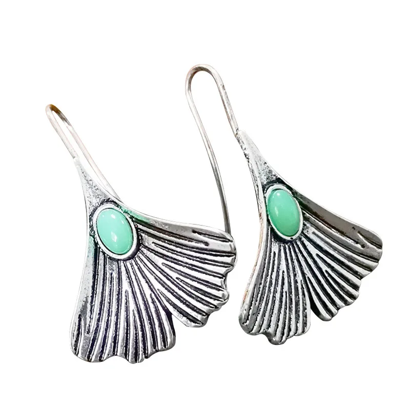 

Wish Hot Sale Retro Emerald Ginkgo Biloba Leaf Earrings Women Oval Green Gemstone Ear Jewelry Wholesale, Silver